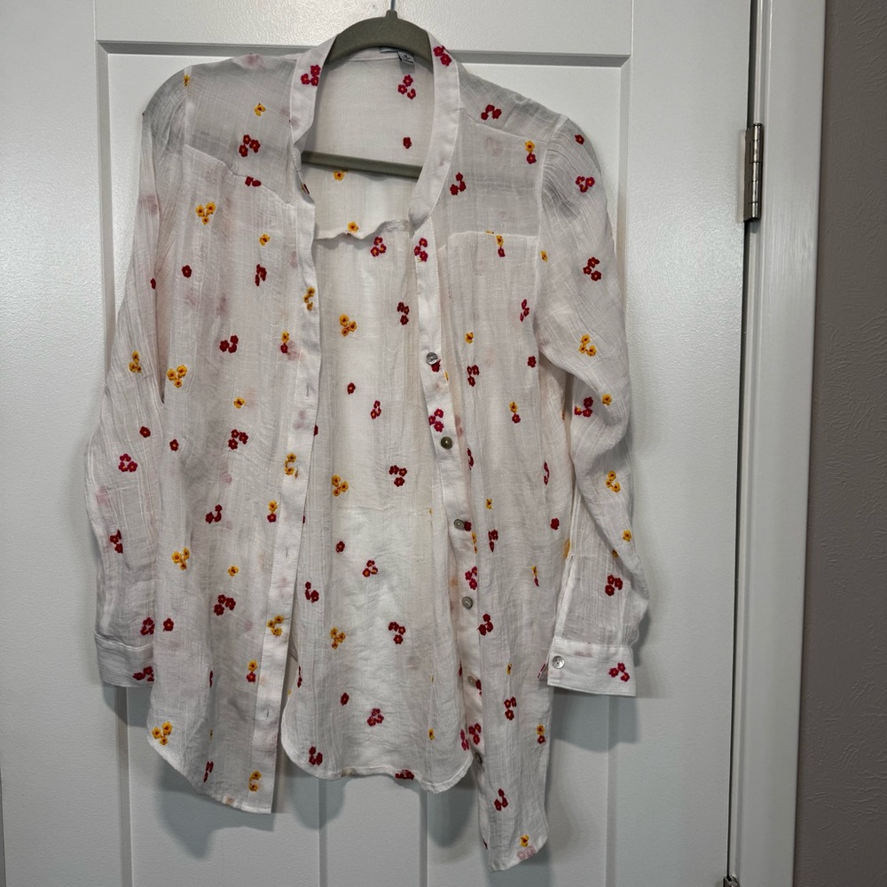 White Sheer Blouse with Floral Embroidery